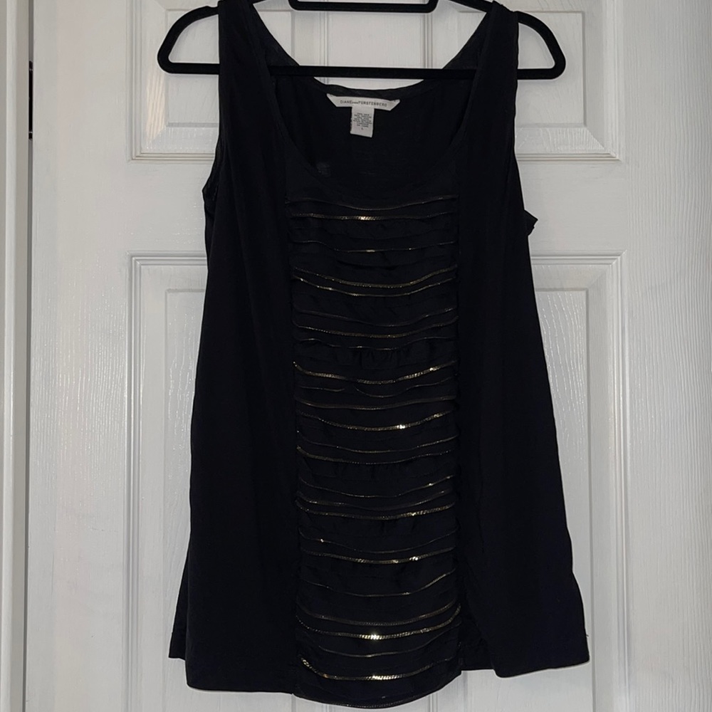 Diane vonFurstenberg black with gold chains, silk blend top